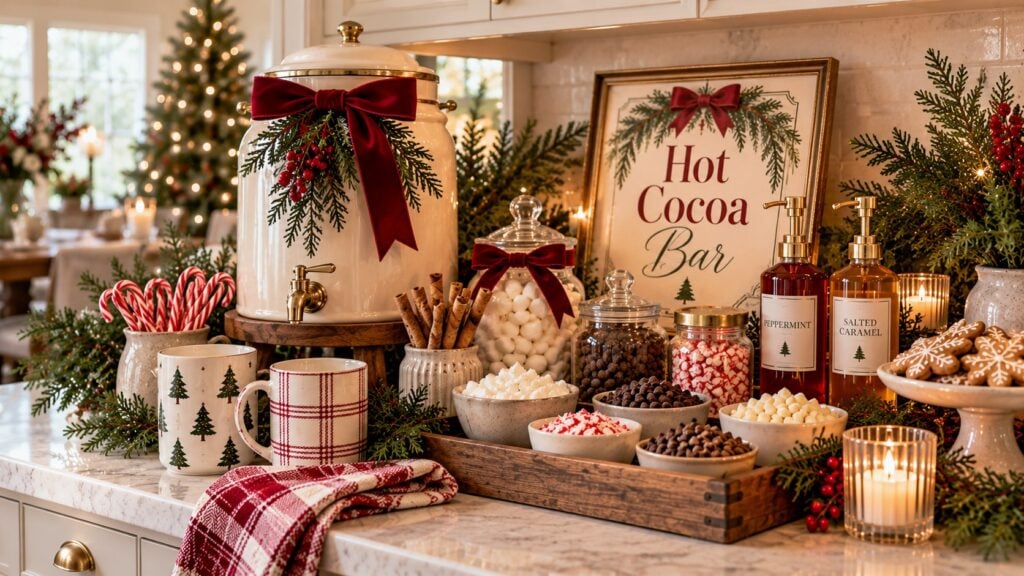 Christmas hot cocoa bar ideas on a kitchen counter with a cocoa dispenser, hot cocoa bar sign, syrups, and a tray of toppings