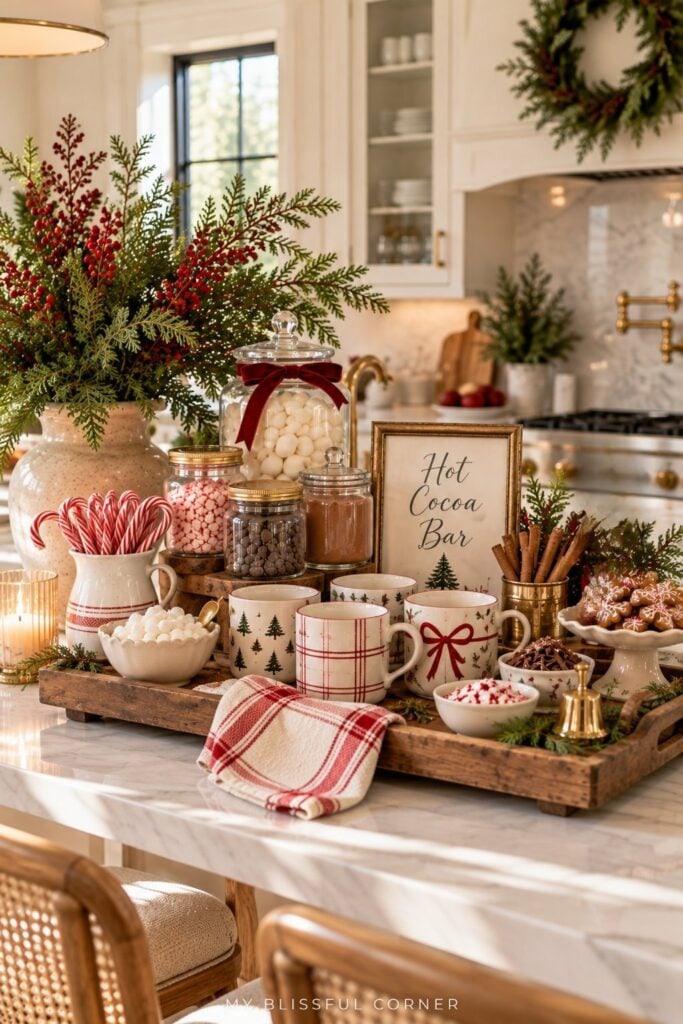 Kitchen island styled for Christmas with a wooden tray of mugs, jars of toppings, and red berry branches