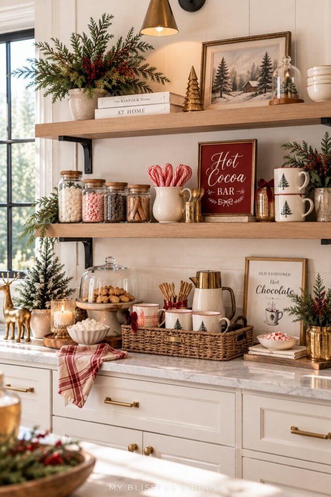 Open kitchen shelves decorated for Christmas with glass jars, mugs, and a small sign