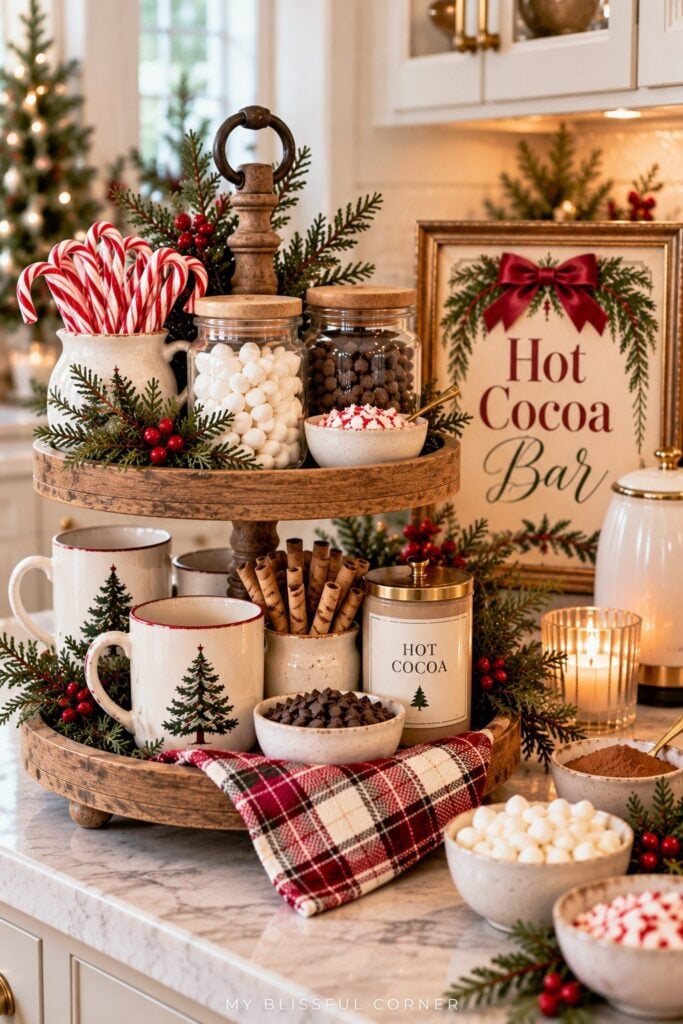Christmas hot cocoa bar on a two-tier wooden tray with candy canes, marshmallows, Christmas tree mugs, and a hot cocoa bar sign