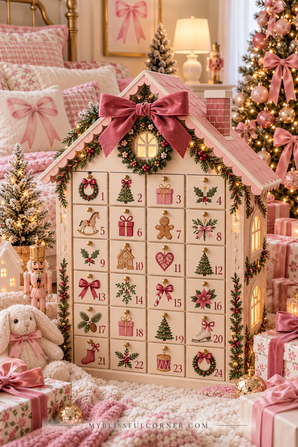 Pink wooden advent calendar house with 24 numbered drawers and a velvet bow in a girl's Christmas bedroom
