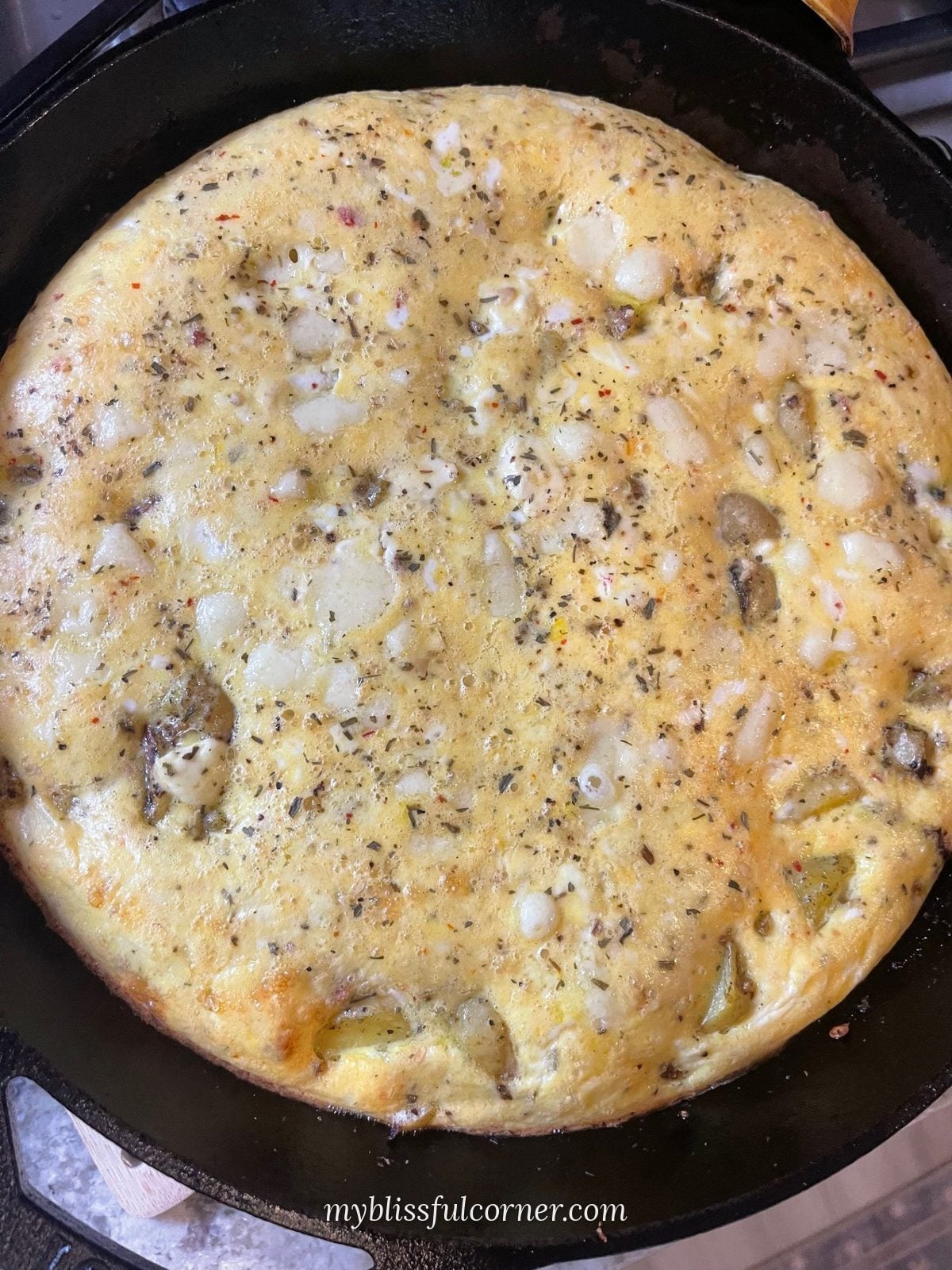 poblano potato frittata in cast iron skillet