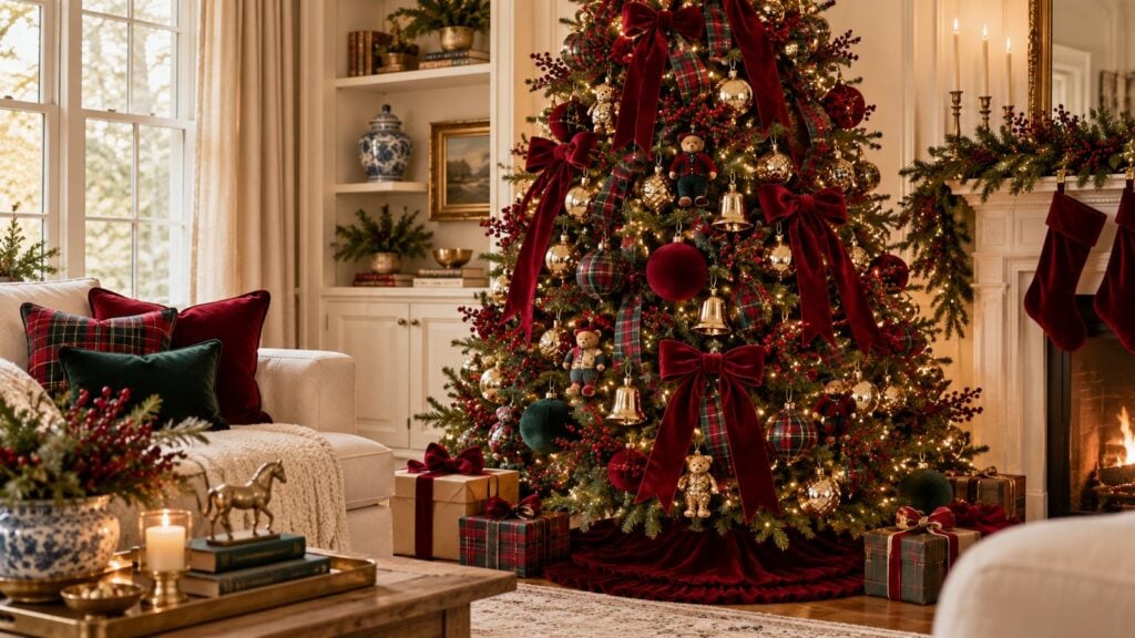 Ralph Lauren Christmas tree with burgundy velvet bows, tartan ribbon, gold bells, and a velvet tree skirt in a classic living room with a fireplace
