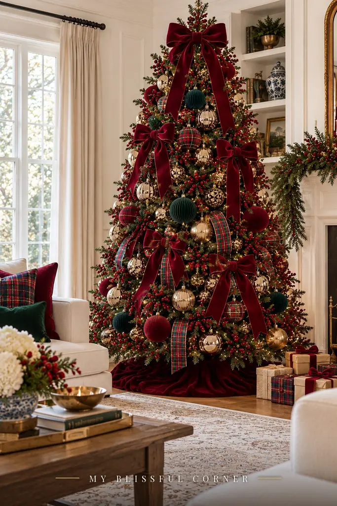 Ralph Lauren Christmas tree with burgundy velvet bows, tartan ribbon, gold ornaments, and a velvet tree skirt in a classic living room