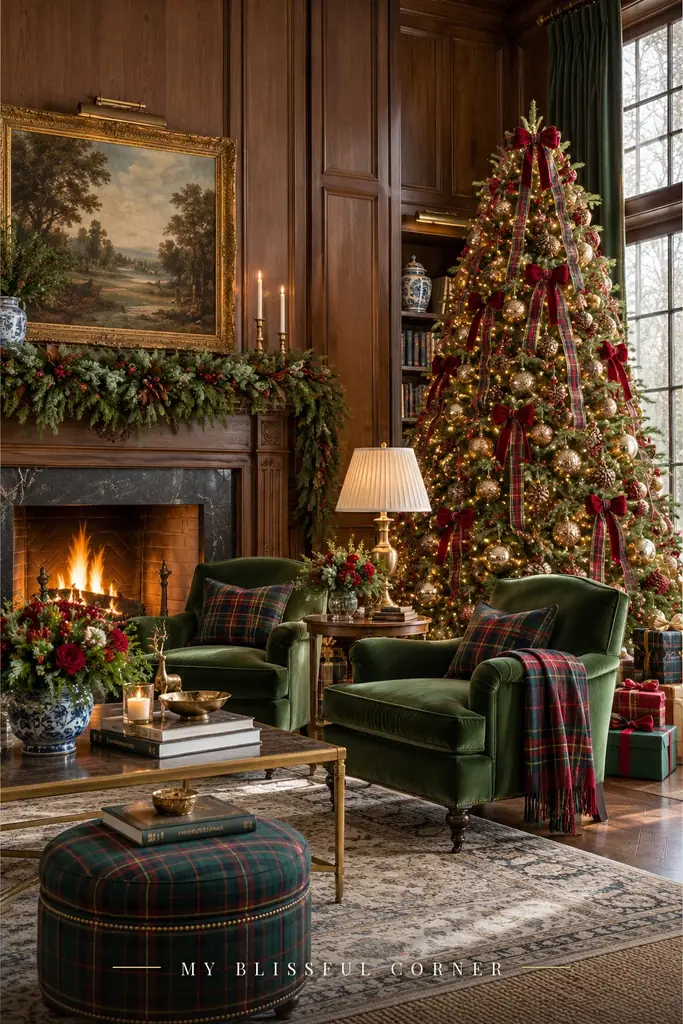 Ralph Lauren Christmas living room with a tartan ribbon Christmas tree, green velvet armchairs, plaid ottoman, and garland-draped fireplace