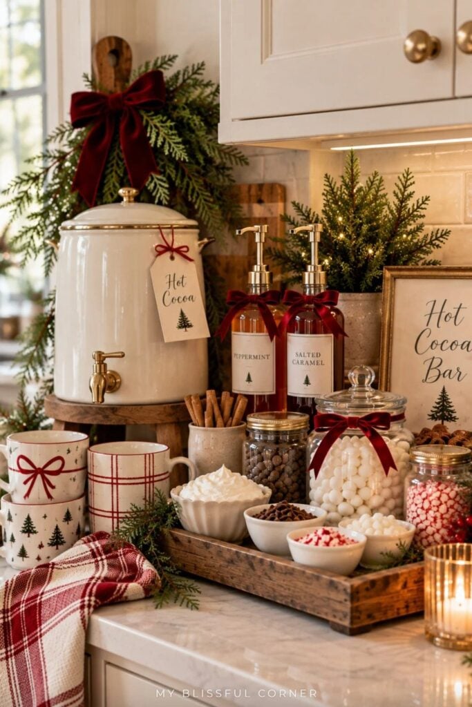 Small space hot cocoa bar on a kitchen counter corner with a cocoa dispenser, syrup pumps, and a wooden tray of toppings