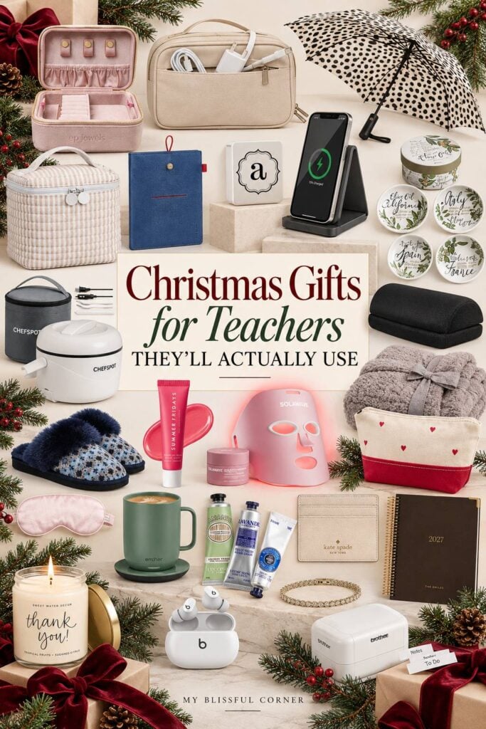 Collage of teacher Christmas gifts including a jewelry case, tech organizer, Ember mug, Kate Spade card holder, and Beats earbuds