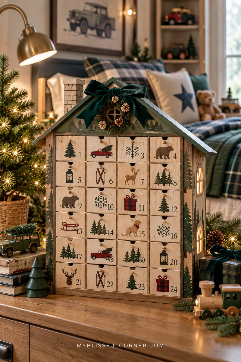 Woodland wooden advent calendar house with numbered drawers on a boy's bedroom dresser